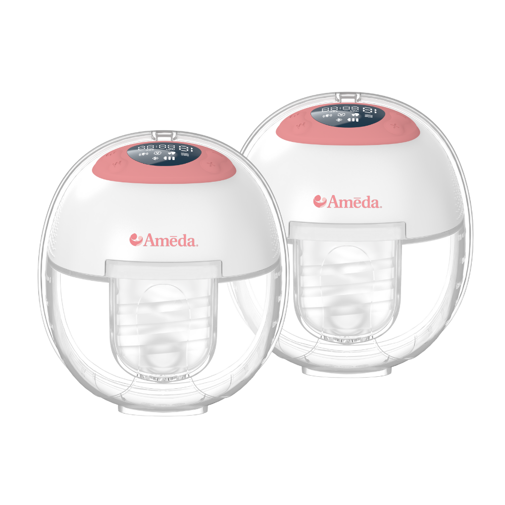Ameda Glo hands-free hospital-grade breast pump featuring a sleek, wearable design with an integrated motor and clear collection cup